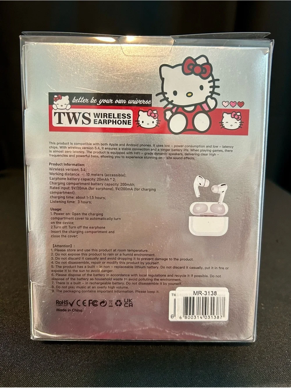 Hello Kitty Red and White Wireless Earbuds with Rhinestone Hello Kitty Keychain